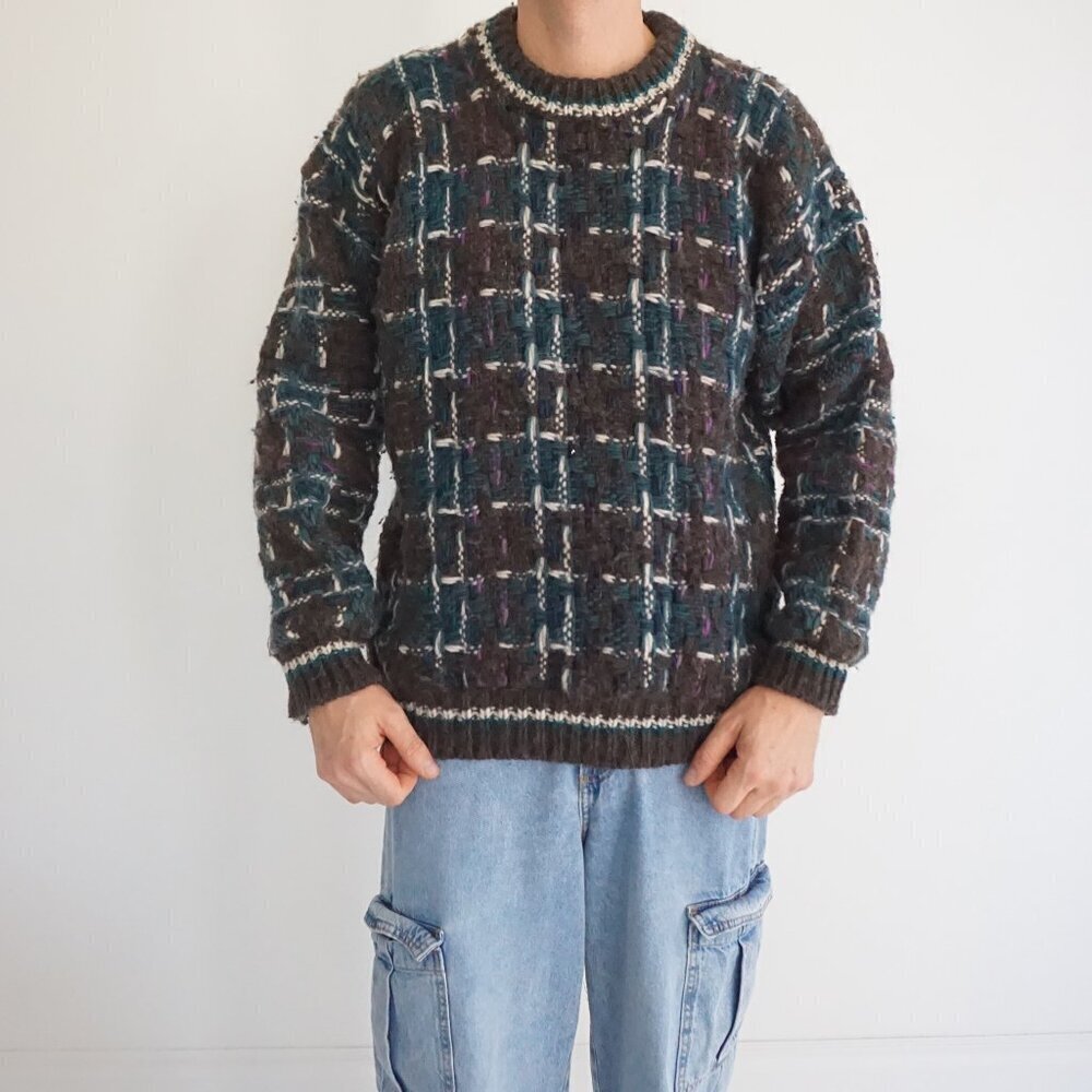 Vintage Wool Brown Teal Textured Grid Knit Sweater Cabincore Retro 80s/90s L